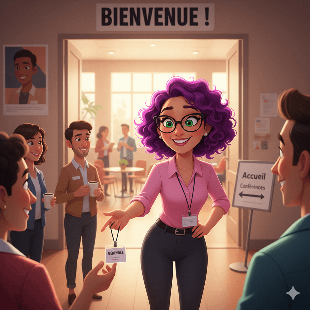 Un personnage féminin aux cheveux violets bouclés accueille des participants à un événement associatif. Image générée par IA