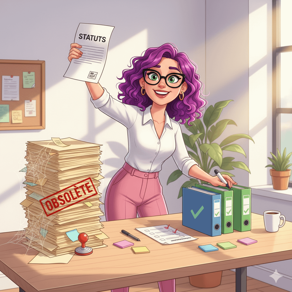 Un personnage féminin aux cheveux violets bouclés travaille sur les statuts d'une association. Image générée par IA