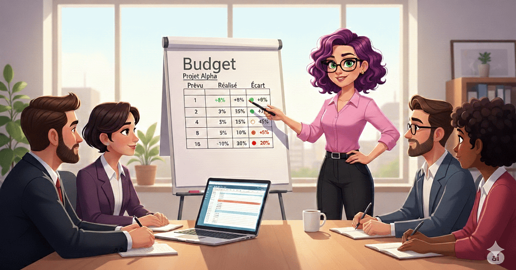 Un personnage féminin aux cheveux violets montre une analyse de budget sur un tableau blanc. Image générée par IA