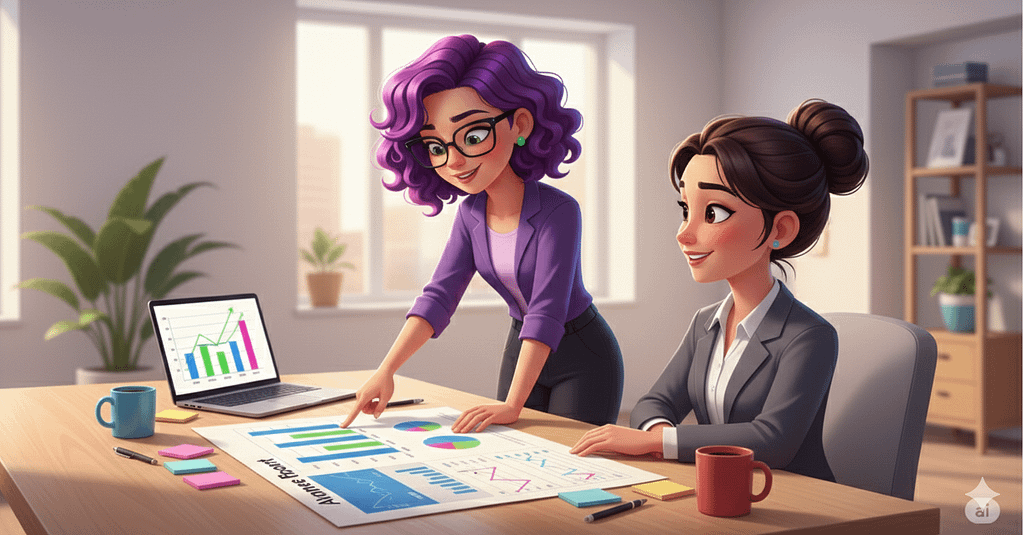Deux personnages passent en revue un rapport d'activité coloré. Image générée par IA