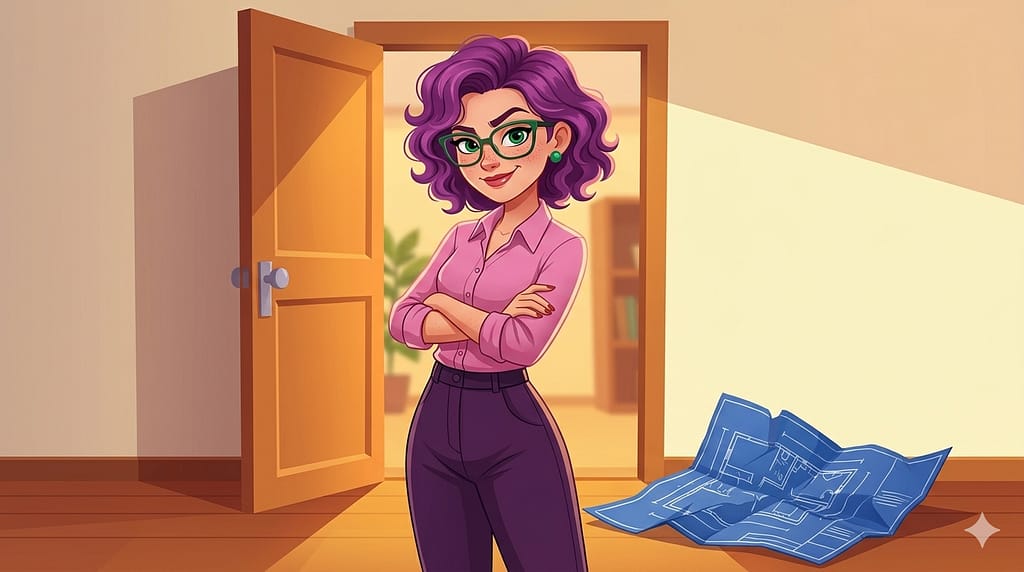 Plan de formation bénévole - Un personnage féminin aux cheveux violets se tient dans l'embrasure d'une porte, les bras croisés. A côté d'elle un plan d'architecte froissé. Image générée par IA