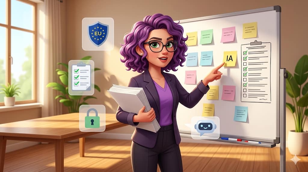 L'AI Act arrive. Votre asso est-elle prête ? Un personnage féminin aux cheveux violets montre sur un tableau blanc le sigle IA. Autour d'elle des logos de l'UE, de la sécurité, d'une checklist. Image générée par IA
