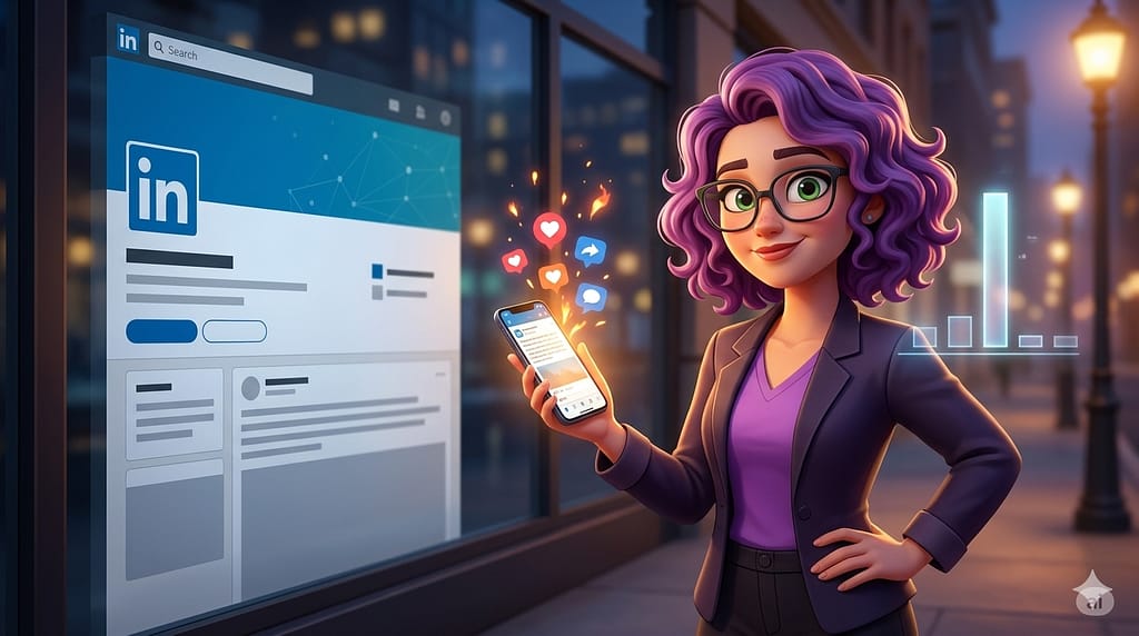 LibkedIn pour les associations : la page ne suffit pas. Un personnage féminin aux cheveux violets devant un écran géant avec une page LinkedIn et à la main un portable. Image générée par IA