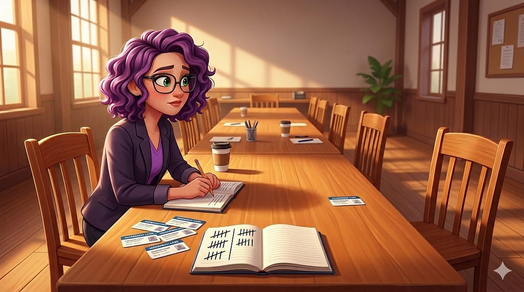 Un personnage féminin assis à une table de réunion vide faisant le compte des adhésions. Image générée par IA
