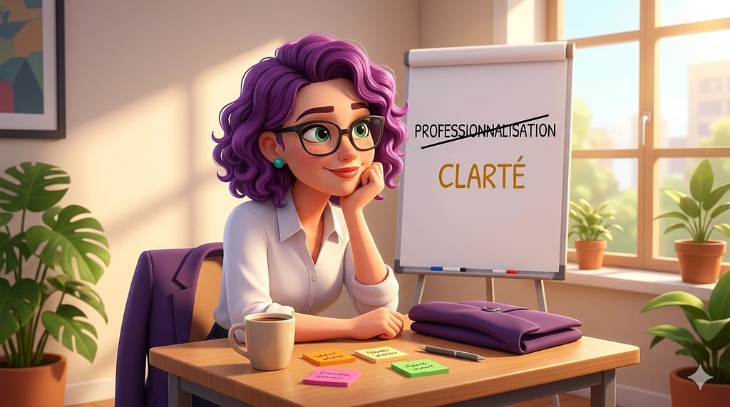 Professionnaliser mon association ? Non merci ! Un personnage féminin regarde un tableau blanc sur lequel le mot professionnalisation est barré et remplacé par le mot clarté. Image générée par IA