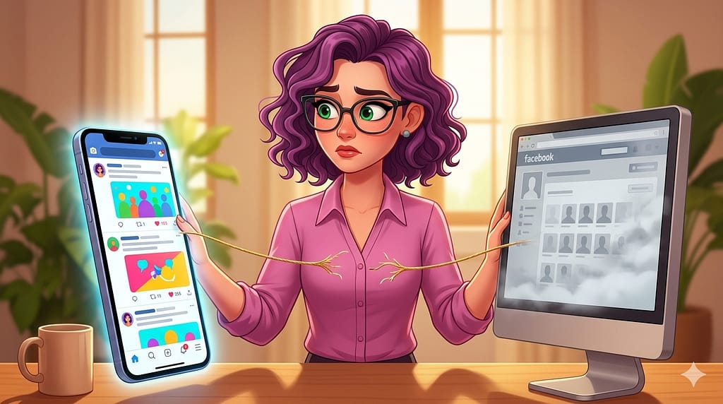 Vous avez changé de réseau social. Combien de personnes avez-vous perdues sans le savoir ? - Un personnage féminin aux cheveux violets tient d'un côté un smartphone avec un réseau social très actif et de l'autre, sur un écran, une page de réseau social qui disparaît. Image générée par IA