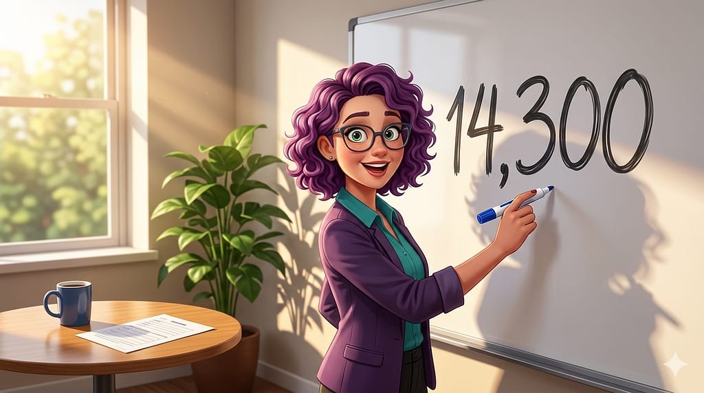 Valoriser comptablement le bénévolat - comment chiffrer l'apport en nature dans vos comptes annuels. Un personnage féminin aux cheveux violets se tient devant un tableau blanc avec le chiffre 14 300 écrit en grand. Image générée par IA