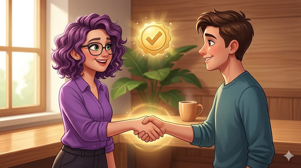 Valider les compétences de vos bénévoles : à quoi ça sert et est-ce pour vous ? - Un personnage féminin aux cheveux violets serre la main d'un homme. Au-dessus, de leurs mains, une coche dorée dans un badge. Image générée par IA.