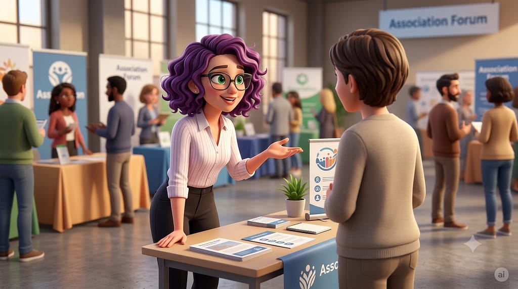 Comment raconter votre association en 10 phrases. Un personnage féminin aux cheveux violets présente les actions de son association sur un forum. Image générée par IA.