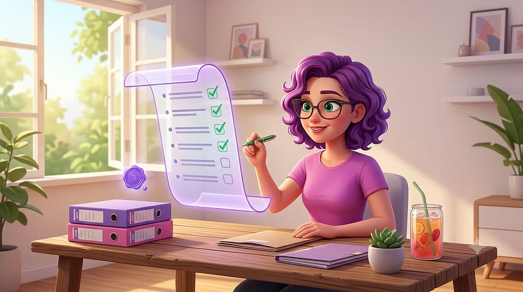 Un personnage féminin aux cheveux violets coche avec un grand sourire des case sur une liste. Image générée par IA