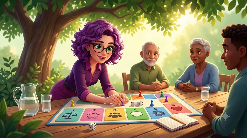 Faire le point sur son association. Plusieurs personnages réunis autour d'un plateau de jeu à six cases dans un jardin ombragé, chaque case représentant un pilier du cahier d'été associatif. Image générée par IA