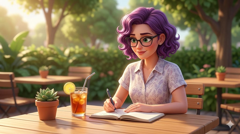 Chiffres clés de votre association : profitez de l'été pour les rassembler - un personnage féminin aux cheveux violets travaille à une table de jardin. Image générée par IA