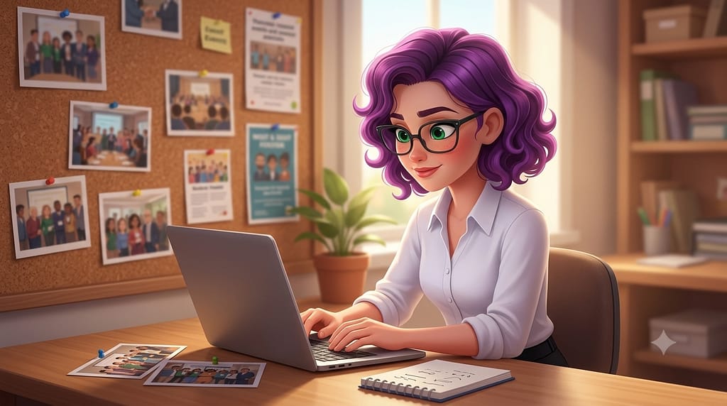 Profitez de l'été pour rédiger vos comptes-rendus. Un personnage féminin aux cheveux violets travaille sur un ordinateur. Au mur, des photos d'événements. Image générée par IA