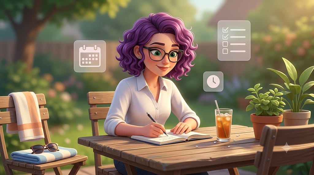 Une femme aux cheveux violets bouclés et aux lunettes noires, assise à une table de jardin en bois à l'ombre, écrit avec un air serein dans un carnet ouvert. Elle prépare le Conseil d'Administration de son association. Sur la table, un verre de boisson fraîche ; sur une chaise, une serviette de plage pliée et des lunettes de soleil. Autour d'elle flottent trois icônes légères : un calendrier, une liste à cocher et une horloge. Image générée par IA.