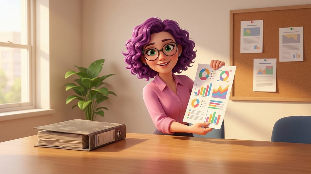 Un personnage féminin présente une feuille de synthèsé colorée. Image générée par IA