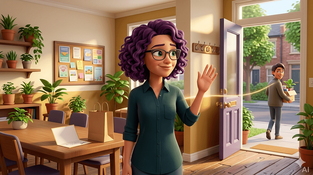 Un personnage féminin aux cheveux violets bouclés dit au revoir à un bénévole qui part souriant. Image générée par IA