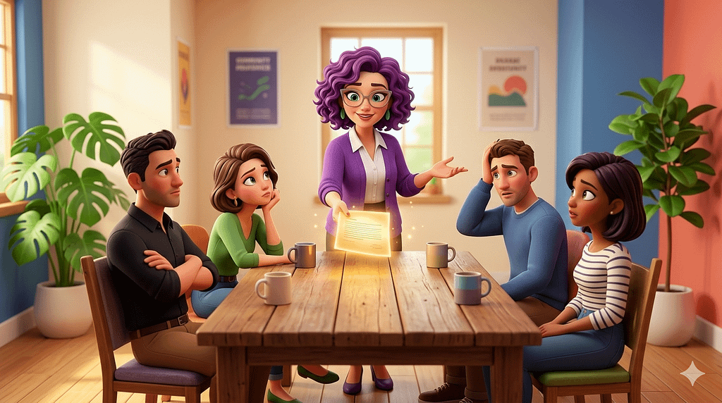 Une réunion du conseil d'administration avec des personnages regardant une fiche de mission. Image générée par IA