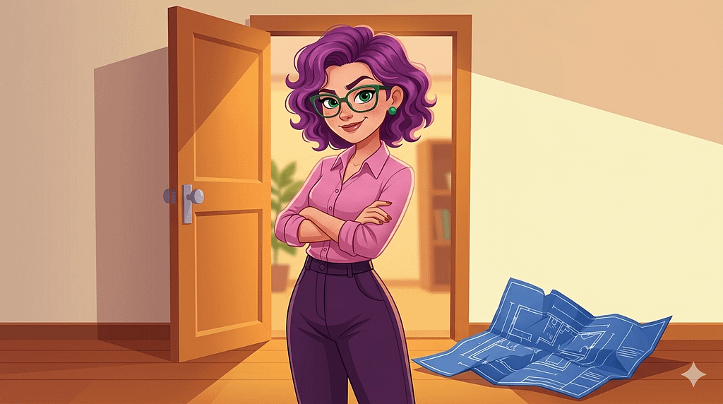 Un personnage féminin aux cheveux violets se tient dans l'embrasure d'une porte, les bras croisés. A côté d'elle un plan d'architecte froissé. Image générée par IA
