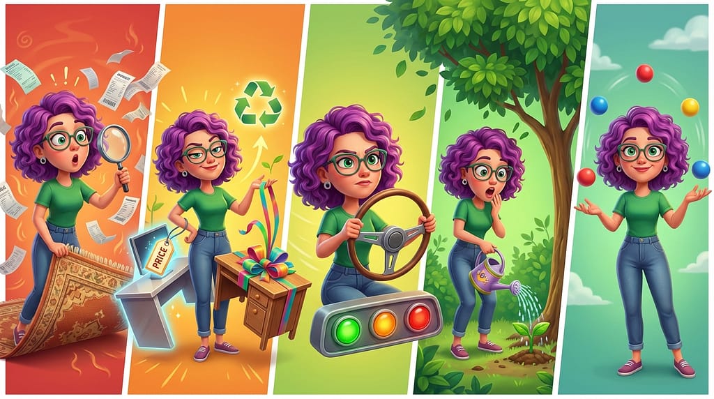 Strip humoristique en 5 vignettes avec un personnage féminin aux cheveux violets bouclés. Le personnage propose 5 solutions sur comment faire quand on ne peut plus faire comme avant. Image générée par IA