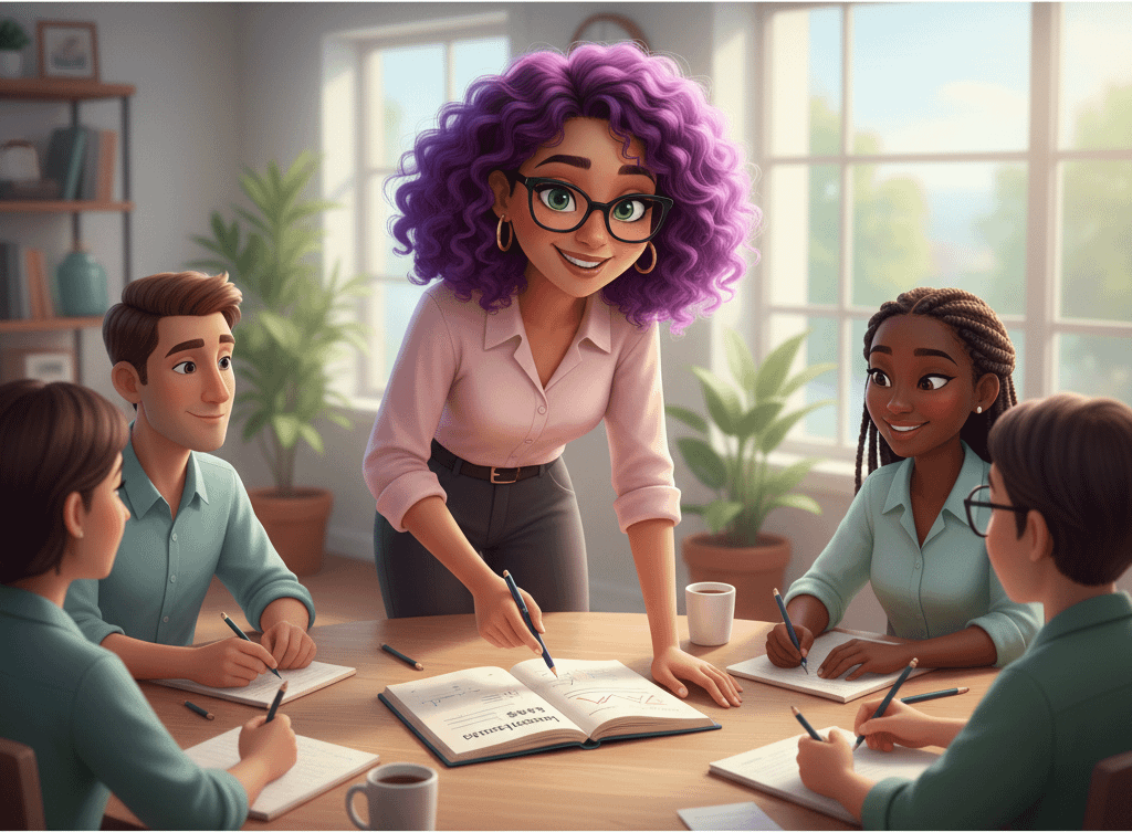 Un personnage féminin aux cheveux violets anime une réunion du bureau dans une association. Image générée par IA