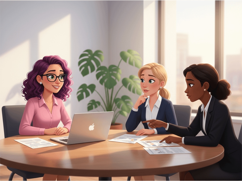 Un personnage féminin aux cheveux violets bouclés écoute les demandes et besoins de deux autres femmes dans une ambiance de bureau. Image générée par IA