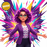 Illustration Ateliers Flash avec un personnage féminin aux cheveux violets devant un mur psychédélique. Image générée par IA