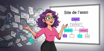 Un personnage féminin jongle entre le chaos de pages internet et une arborescence claire. Image générée par IA