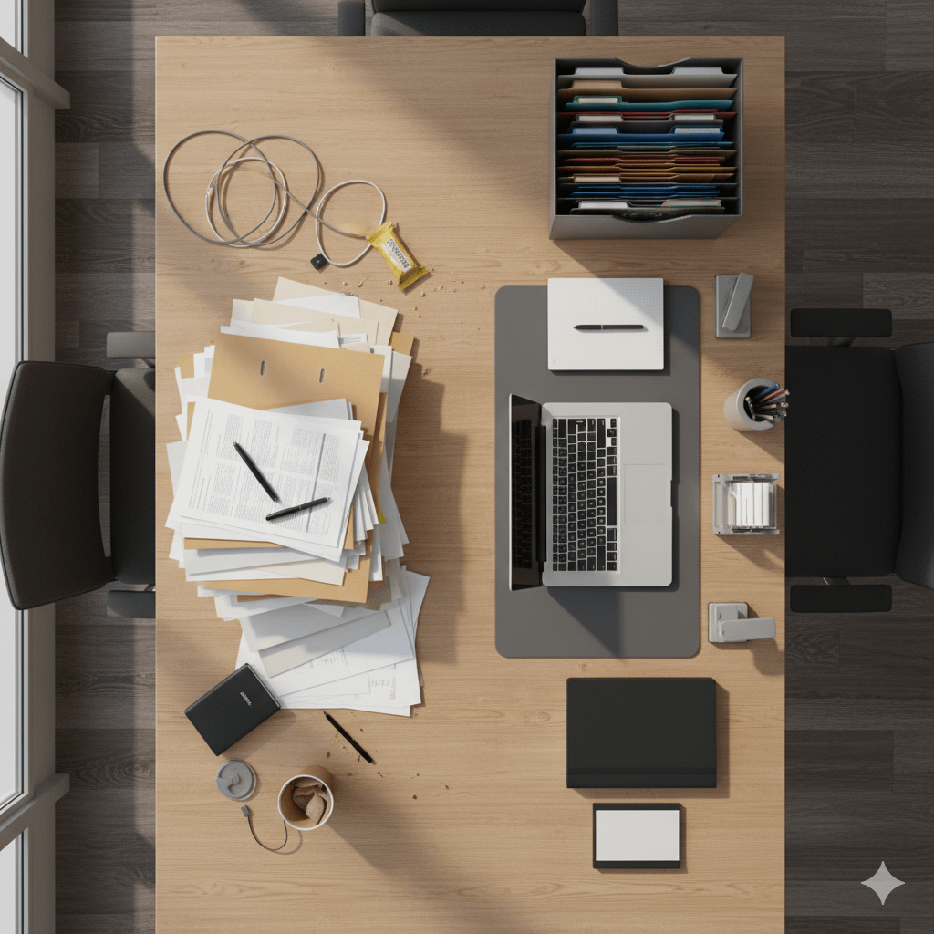 Un bureau vu de haut avec des documents en cours de traitement. Image générée par IA