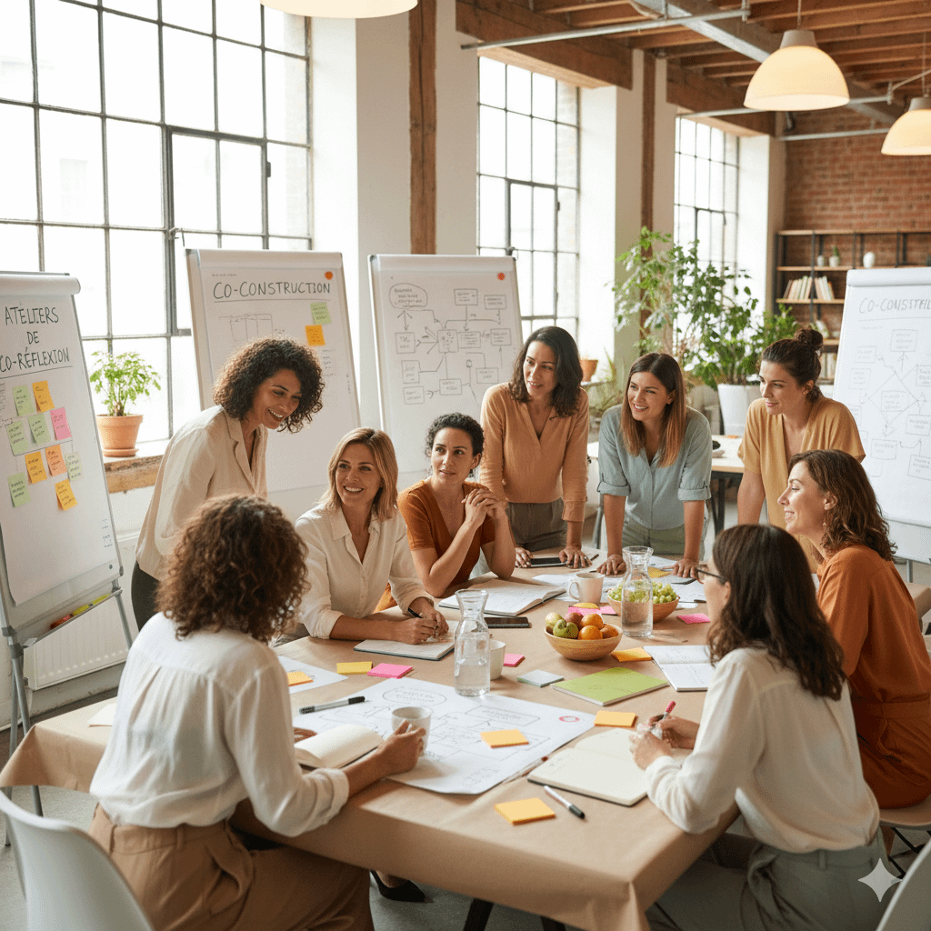 Groupe de personnes travaillant autour d'une table sur des post-it et des documents. Image générée par IA