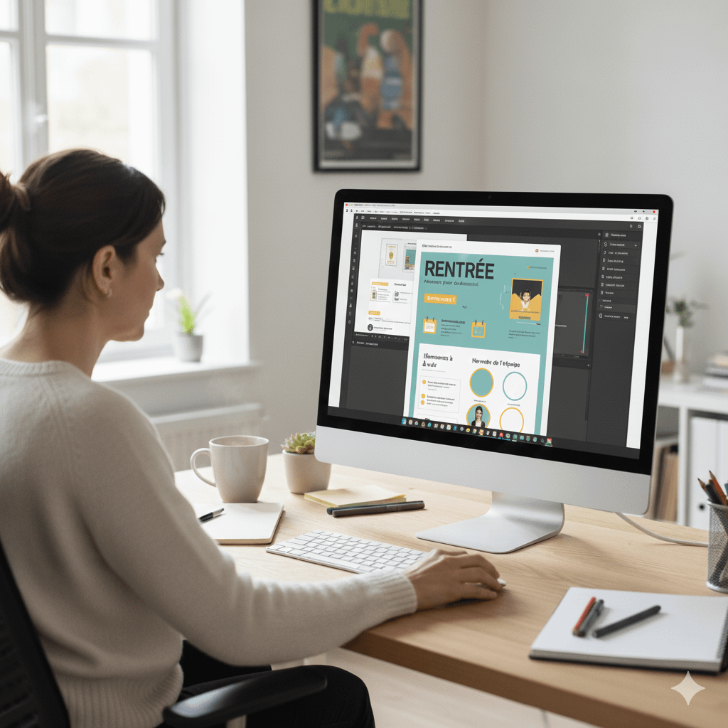 Une femme travaille sur écran la newsletter de rentrée. Image générée par IA