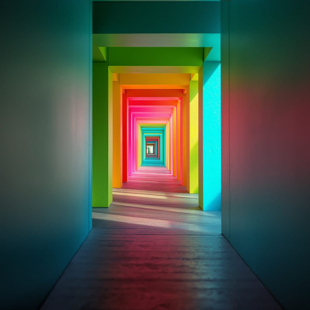 Perpective d'un corridor avec des encadrements de porte de couleurs vives