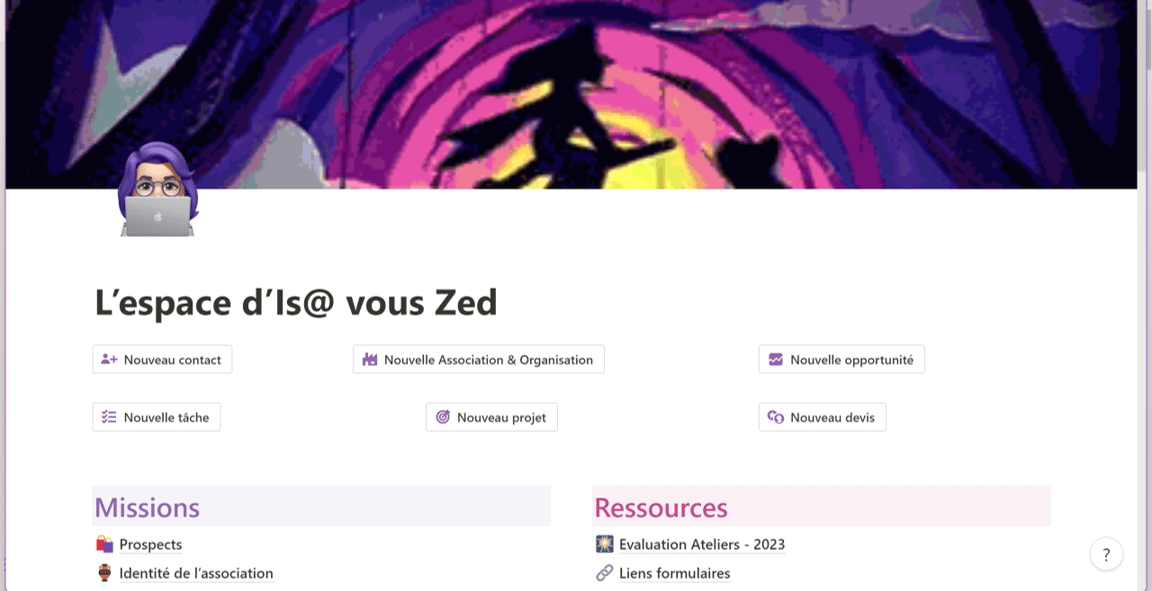 Vue du tableau de bord professionnel d'Is@ vous Zed sur Notion