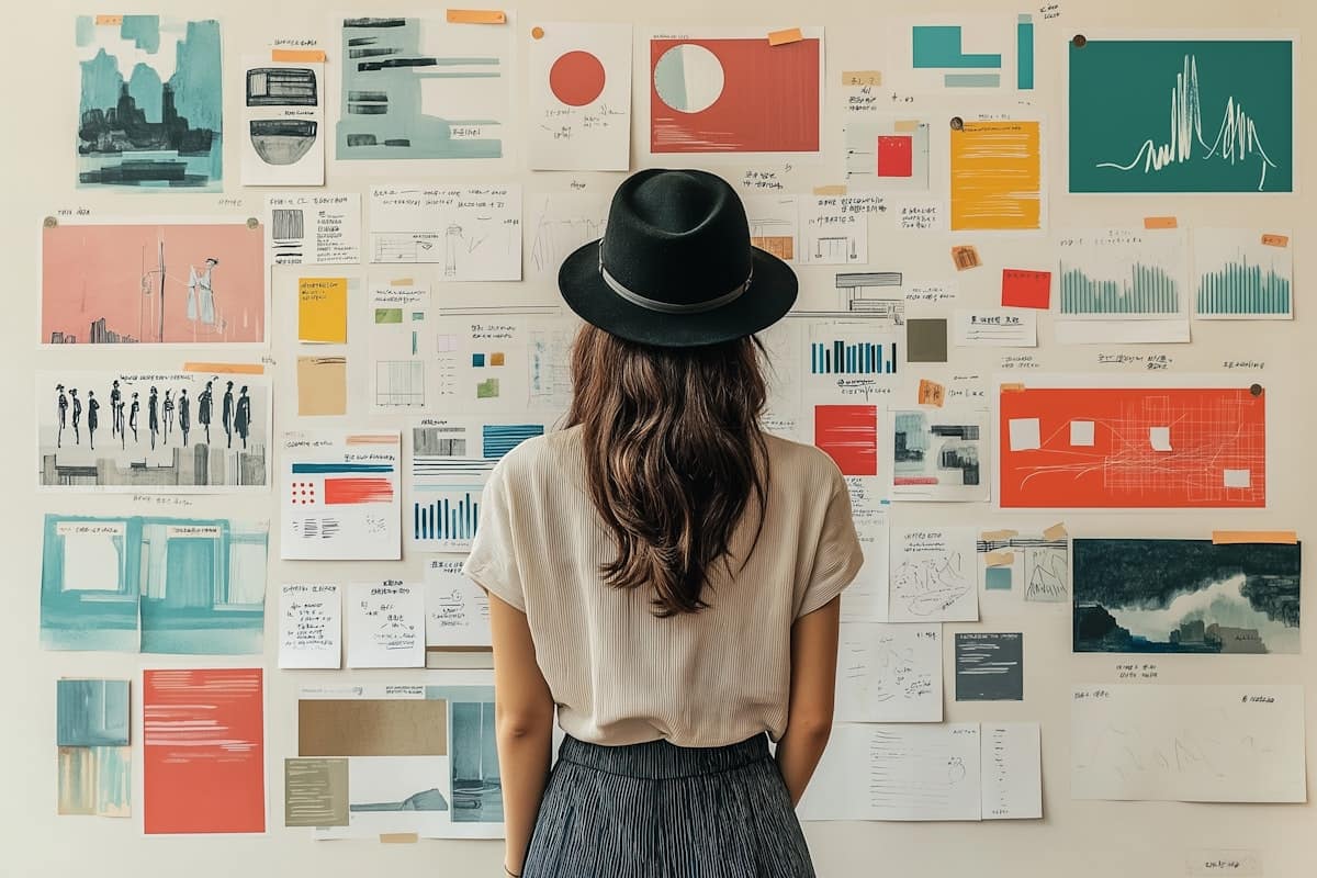 Une femme devant un mur couvert de diagrammes