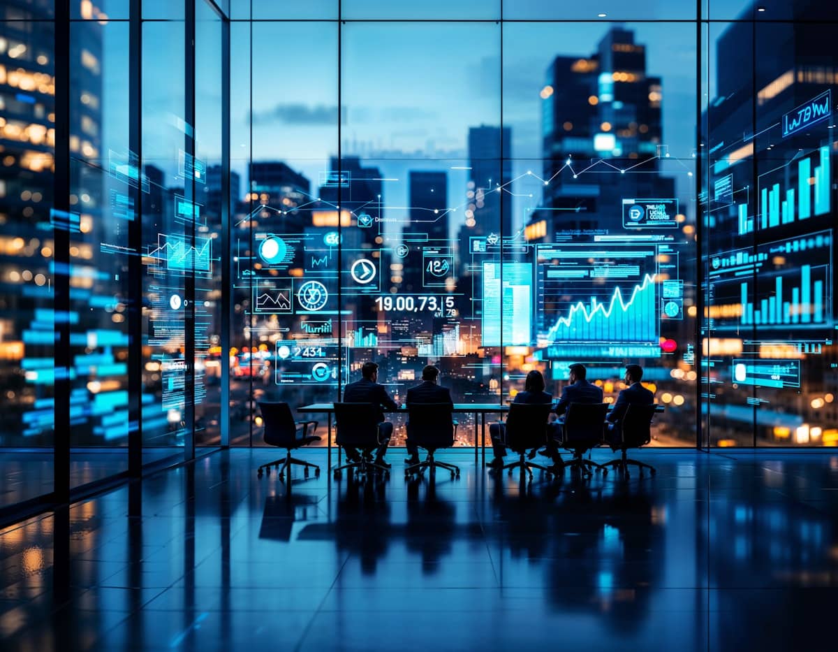 Une réunion futuriste avec un tableau de bord projeté sur une vitre - image générée par IA