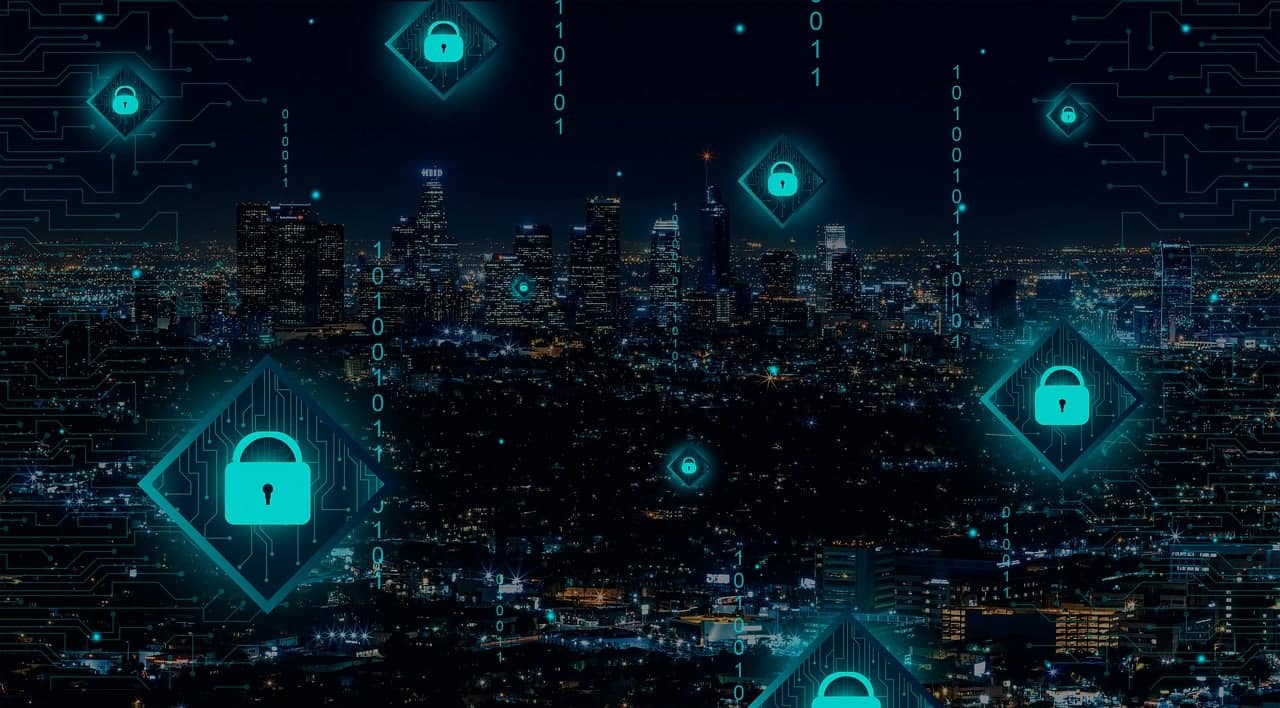 Un paysage urbain nocture avec des icônes de verrou en surimpression