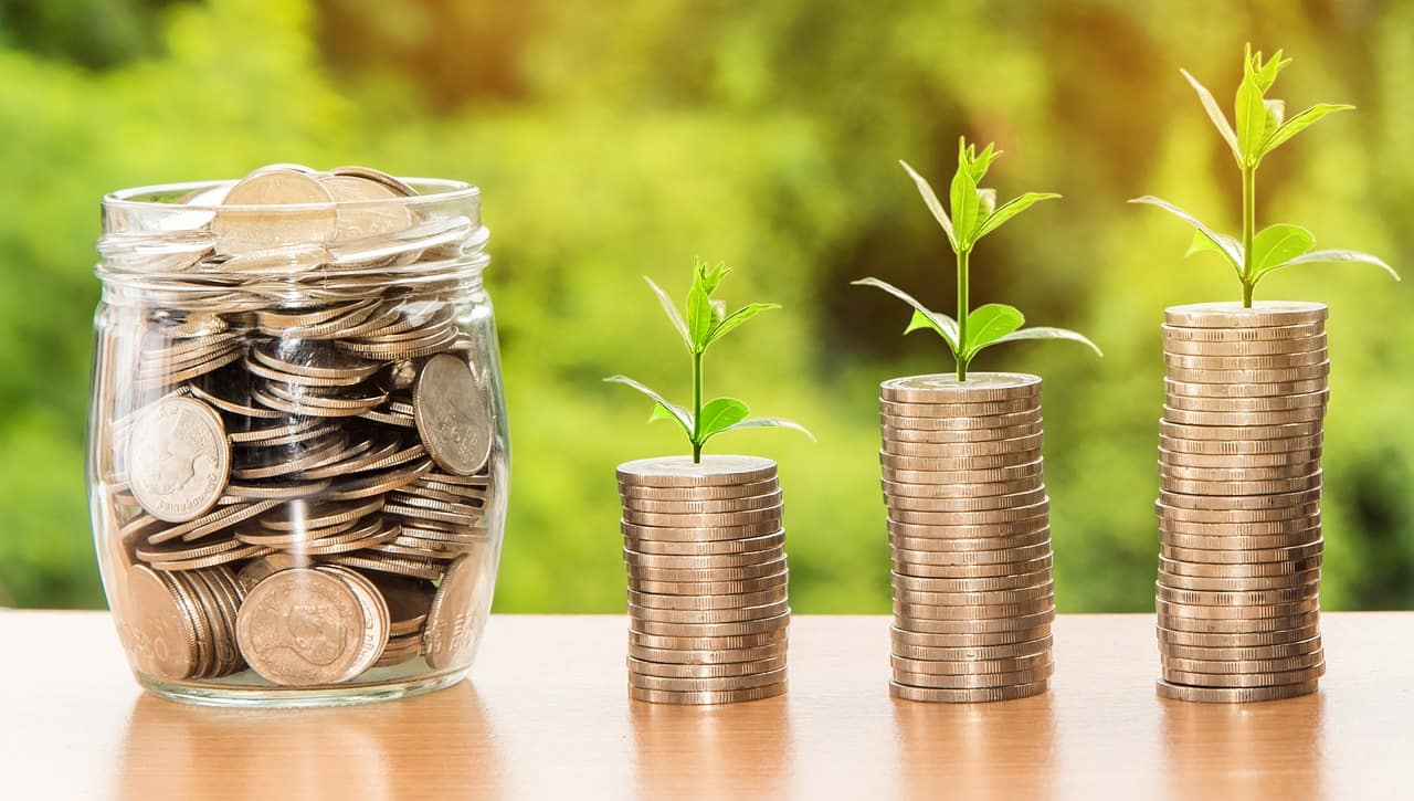 Des pièces de monnaie avec des jeunes pousses vertes