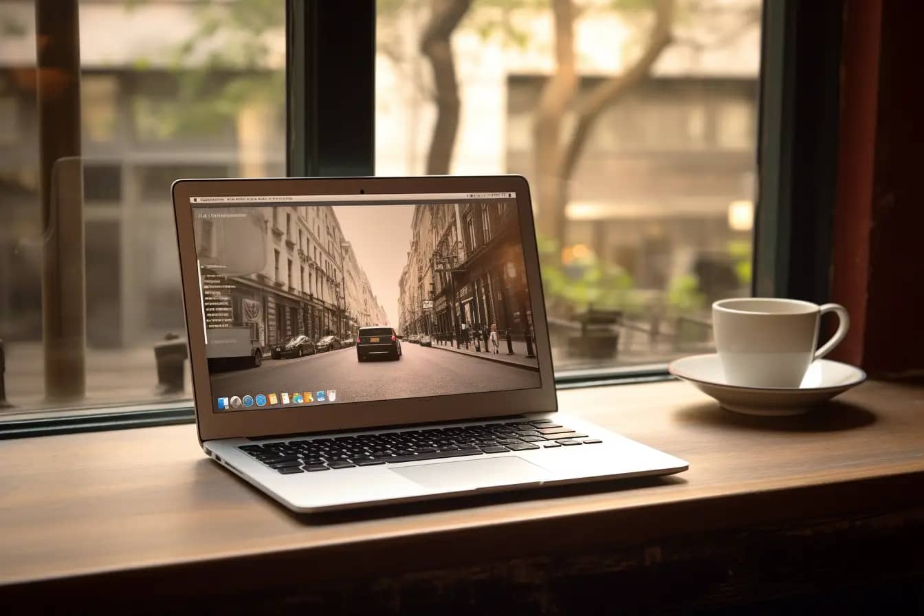 Un PC portable ouvert devant une fenêtre avec une image de rue - image d'illustration créée par Pablo Stanley - Lummi