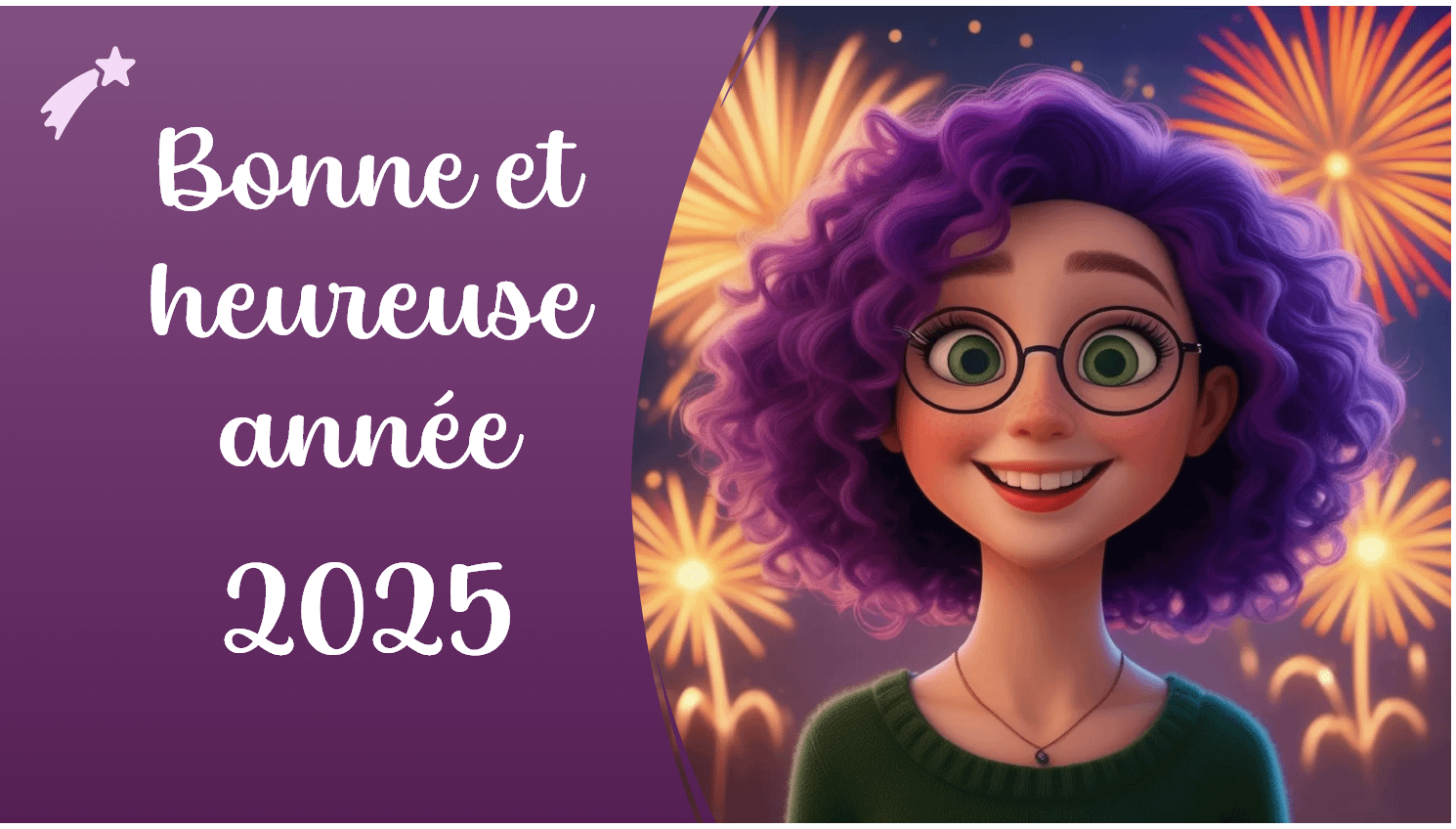 Carte de voeux avec à gauche écrit "Bonne et heureuse année 2025" et à droite un personnage féminin avec des cheveux bouclés violets et des lunettes sourant devant des feux d'artifice