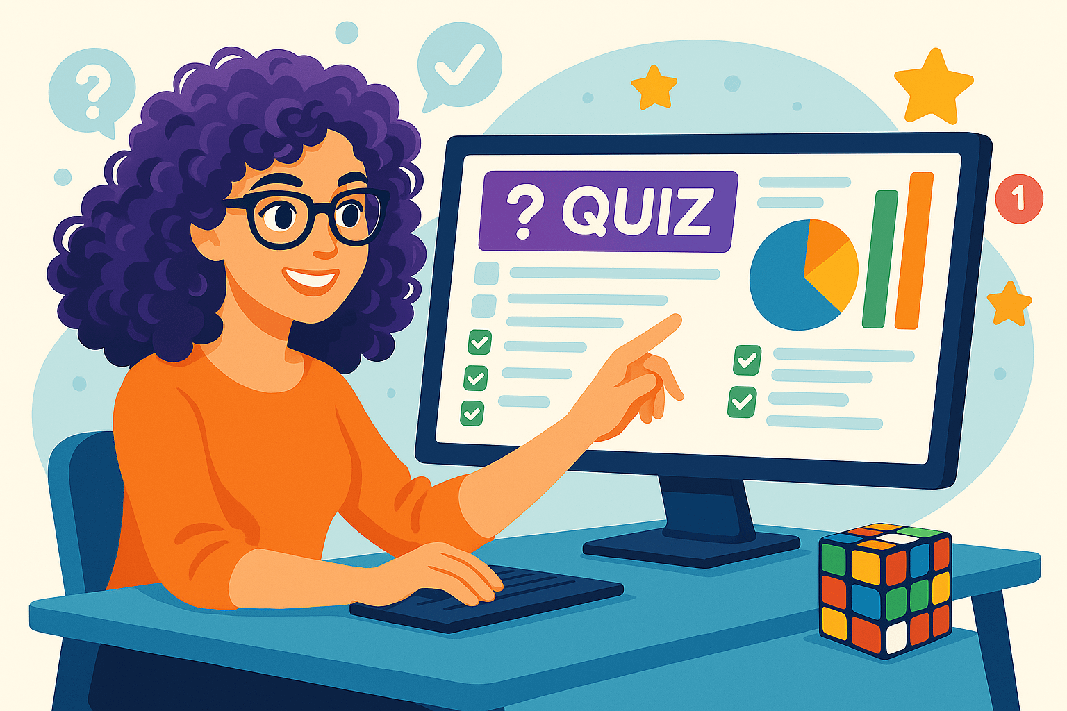 Un personnage féminin aux cheveux violets bouclés montre un quiz sur un écran d'ordinateur. Image générée par IA