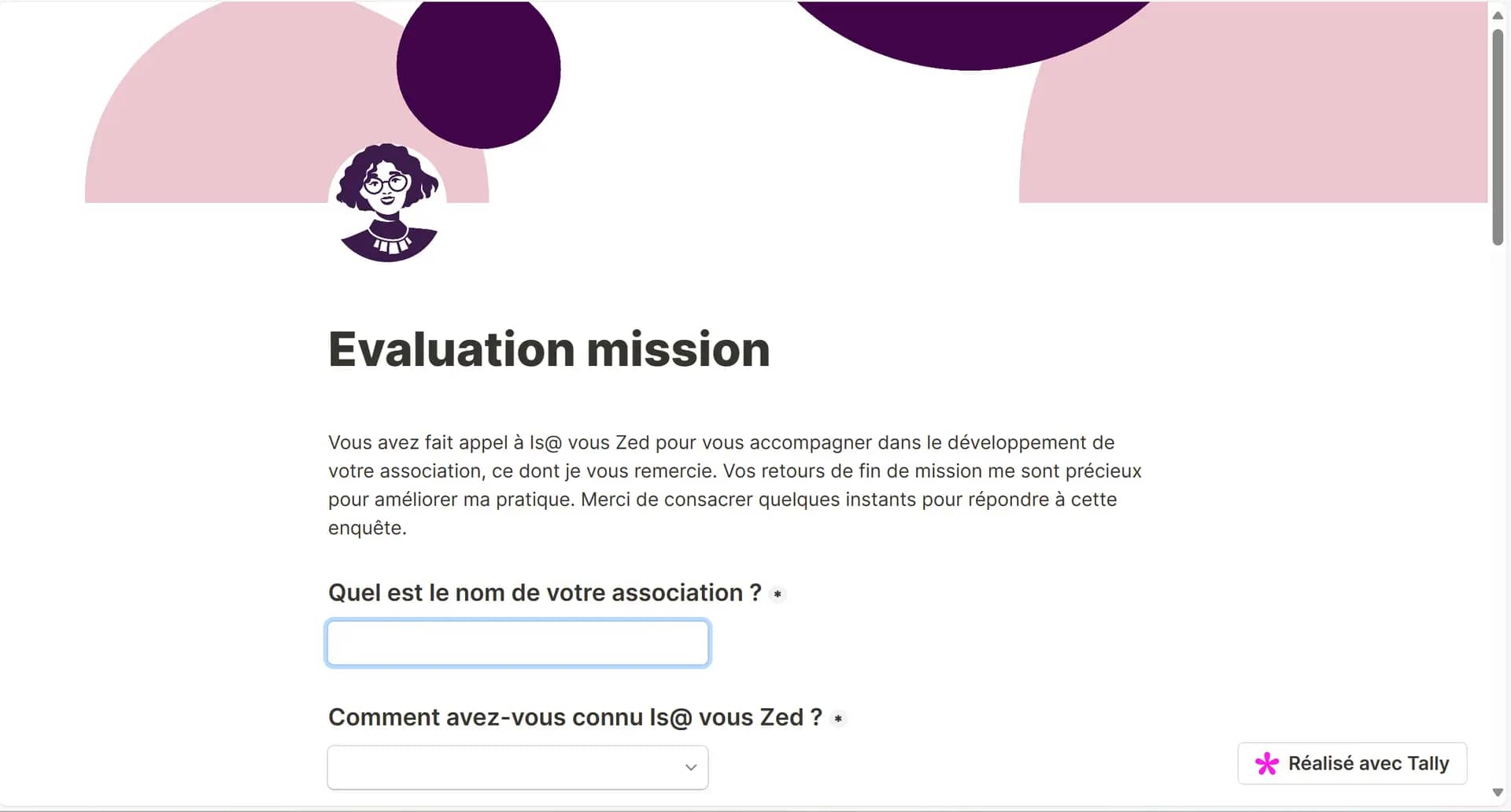 Exemple d'un formulaire créé sous Tally et personnalisé aux couleurs d'Is@ vous Zed