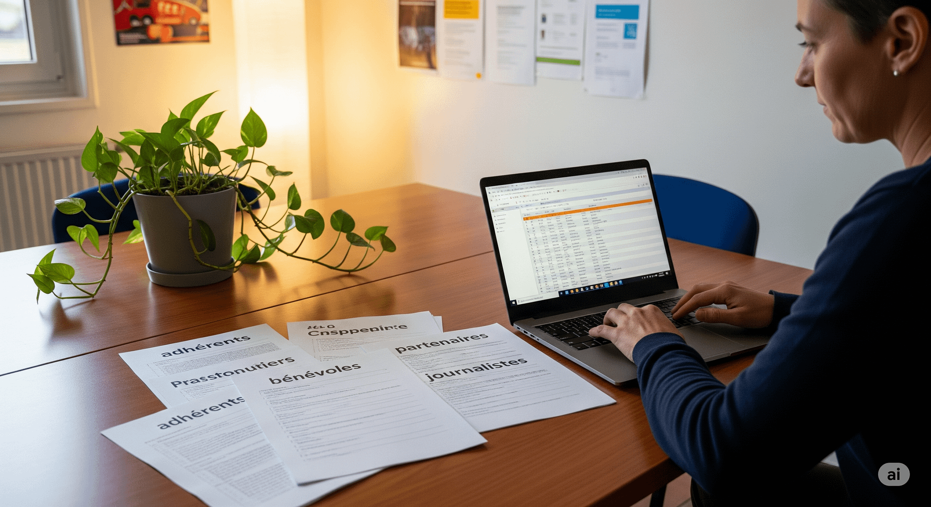 Une personne travaille à la saisie de fiches de contact sur un ordinateur portable