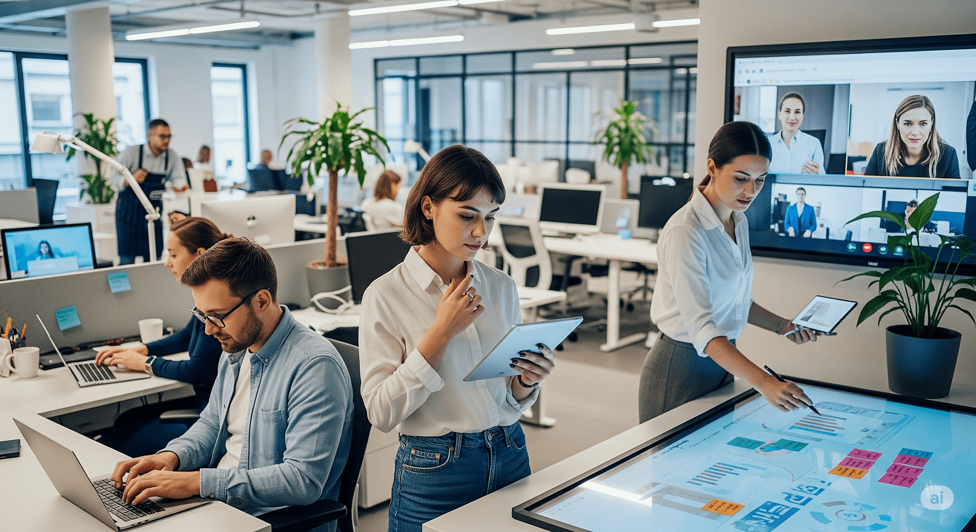 Un open space avec différents postes de travail numériques
