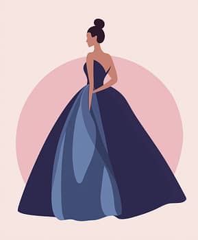 Dessin d'une silhouette féminine en robe du soir en soie bleue sur un fond rose