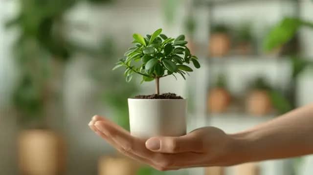 Une petite plante en pot offerte par une main ouverte