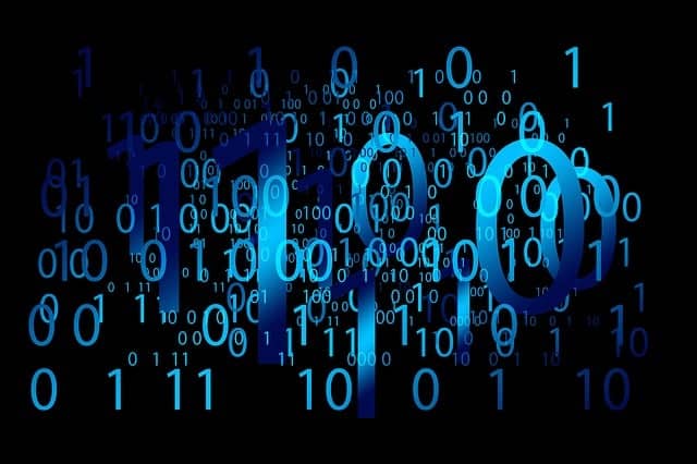 Sur un fond noir, des chiffres 1 et 0 en bleu électrique emplissent l'image