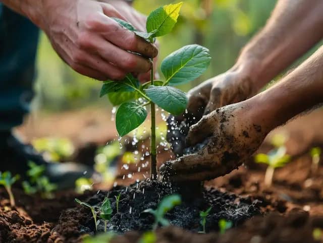 Deux mains plantant un arbrisseau